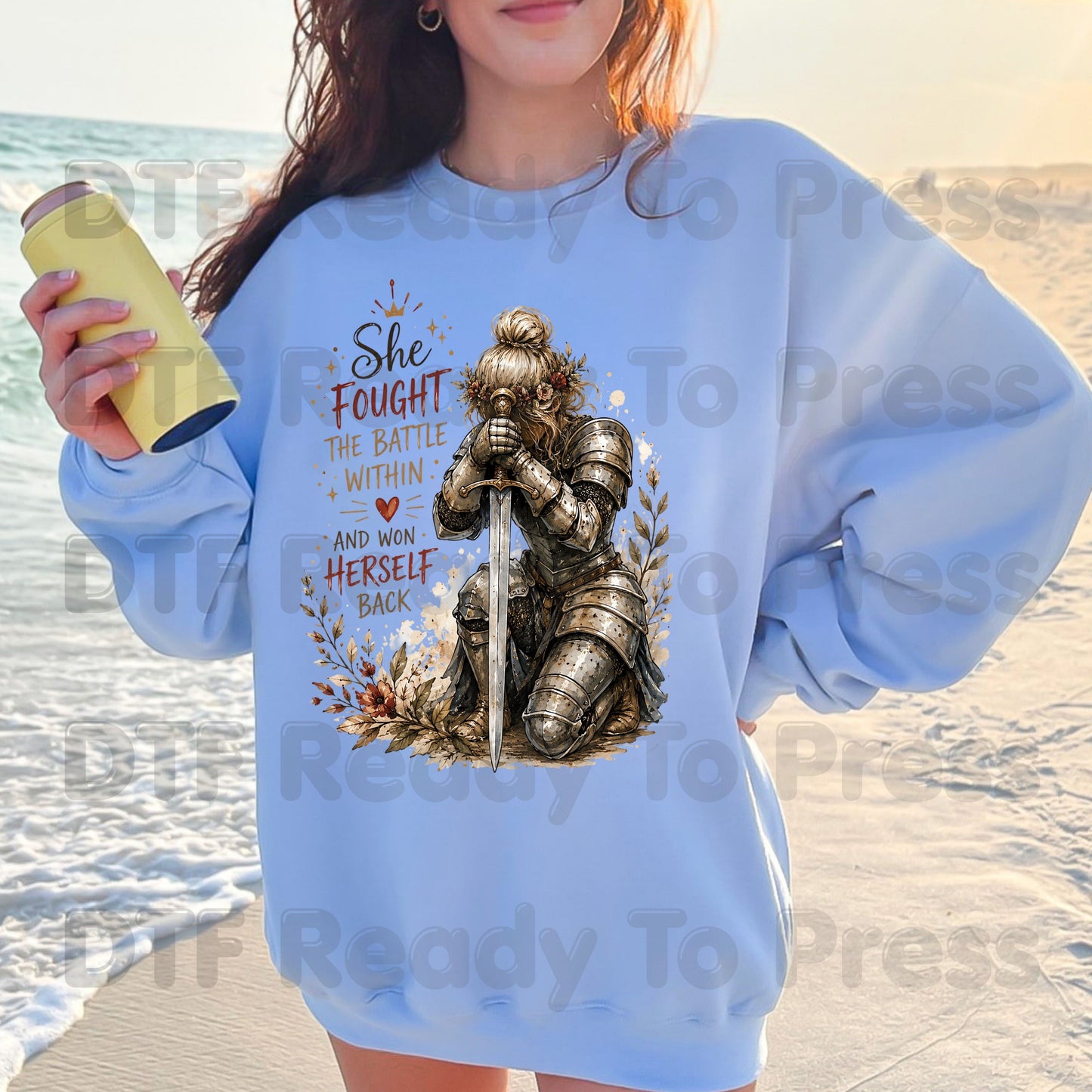 Inspirational Knight Girl DTF Transfers, She Fought the Battle Within Female Warrior Sword Armor Motivational Ready to Press