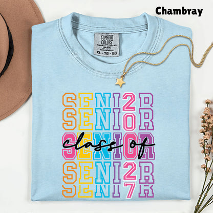 Senior Class of 2027 Colorful Retro T-Shirt, Stacked Varsity Letters Pastel Graduation Tee