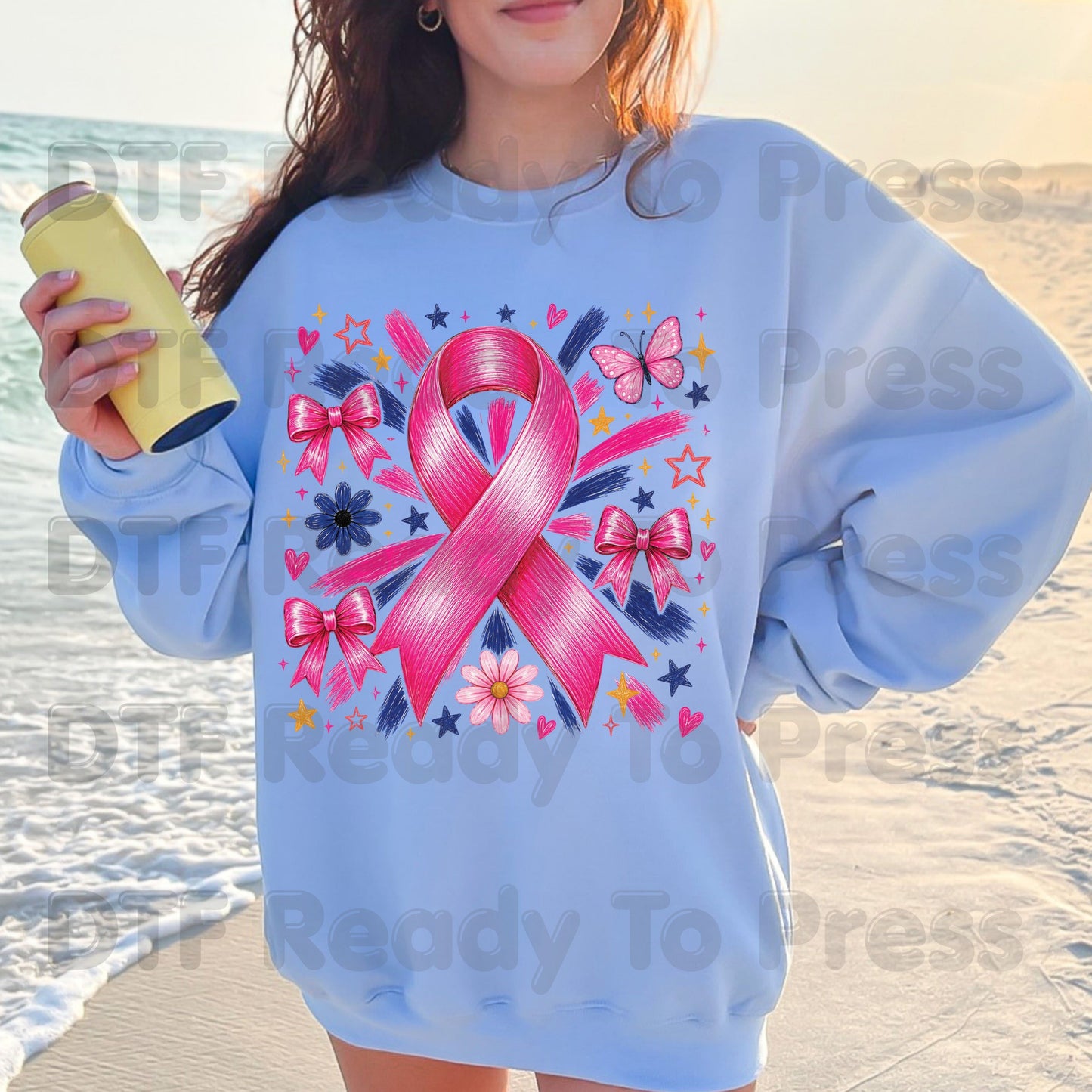 Breast Cancer DTF Transfer Ready to Press Pink Ribbon Bows Butterfly Flowers Awareness Heat Transfer Tee Print Direct to Film