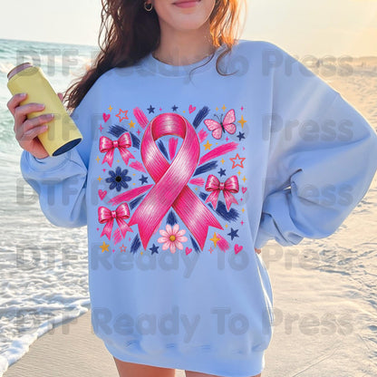 Breast Cancer DTF Transfer Ready to Press Pink Ribbon Bows Butterfly Flowers Awareness Heat Transfer Tee Print Direct to Film