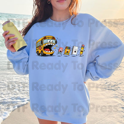 Funny School Bus Monster DTF Transfers, Back to School Chasing Supplies Teacher Life Kids Ready to Press
