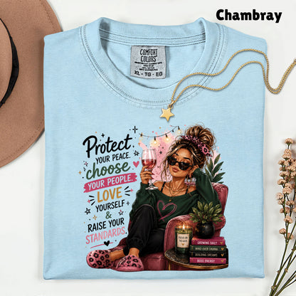 Inspirational Self Care Girl Protect Your Peace T-Shirt, Love Yourself Wine Woman Quote Tee