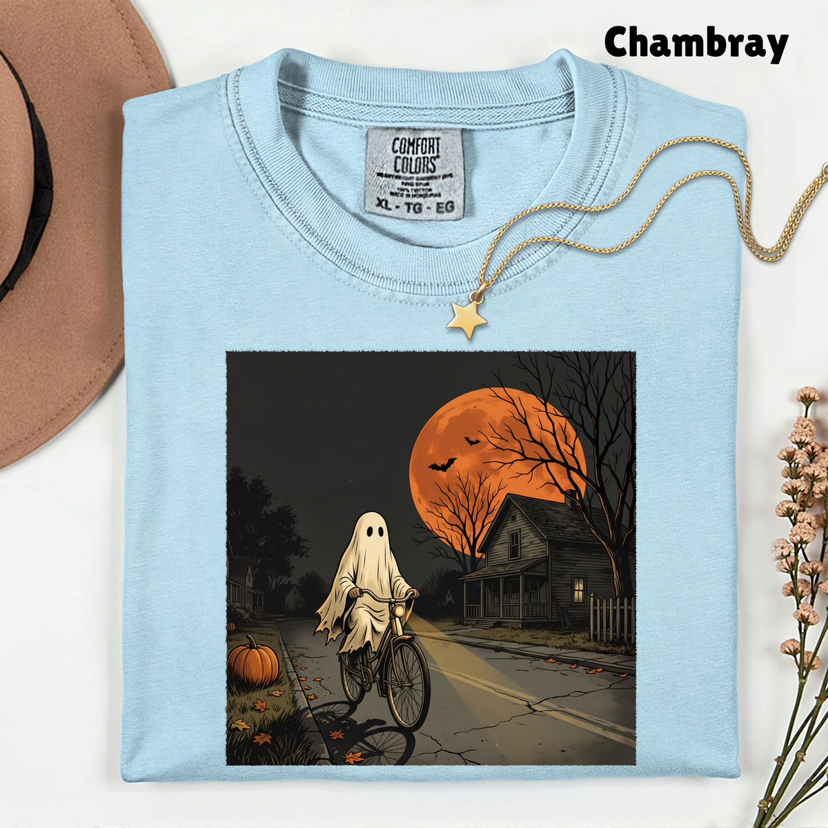 Ghost Riding Bike Halloween T-Shirt, Haunted House Orange Harvest Moon Tee Sweatshirt