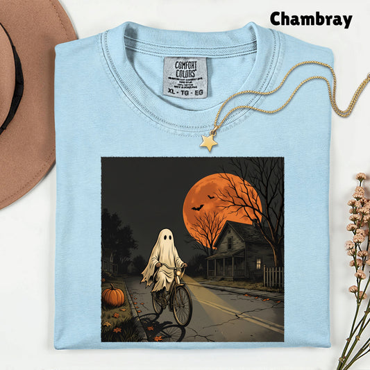 Ghost Riding Bike Halloween T-Shirt, Haunted House Orange Harvest Moon Tee Sweatshirt