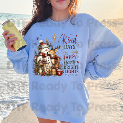 Kind Days Cozy Nights DTF Transfers, Snowman Reindeer Cute Christmas Holiday Ready to Press