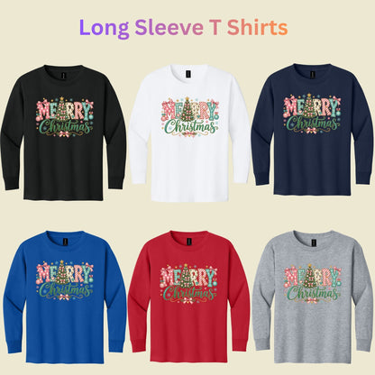 Pastel Pink Bow Christmas T-Shirt, Merry Christmas Tree Graphic Tee, Cute Coquette Holiday Shirt