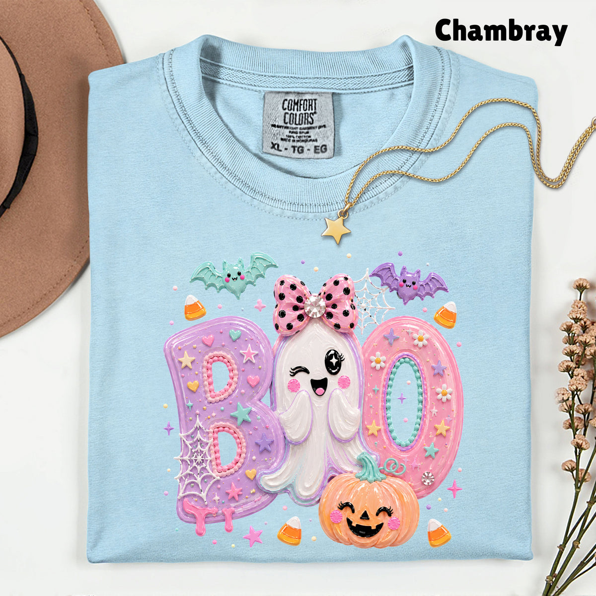Pastel Cute Ghost Halloween Boo T-Shirt, Pink Purple Bow Pumpkin Candy Corn Girls Tee