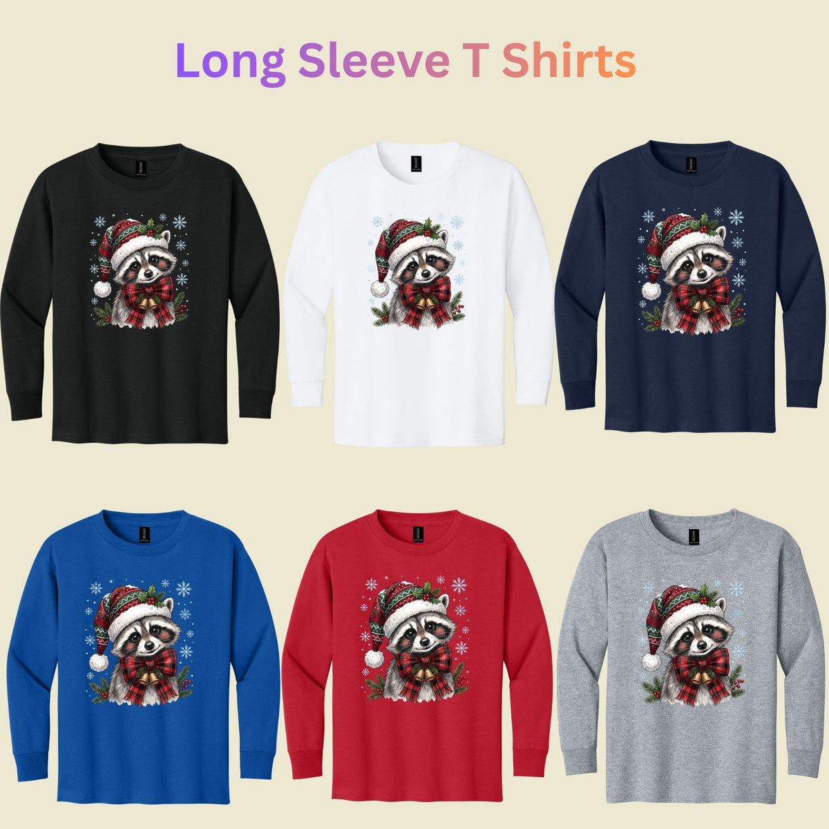 Christmas Raccoon T-Shirt, Santa Hat Buffalo Plaid Bow and Bells Tee, Festive Holiday Sweatshirt