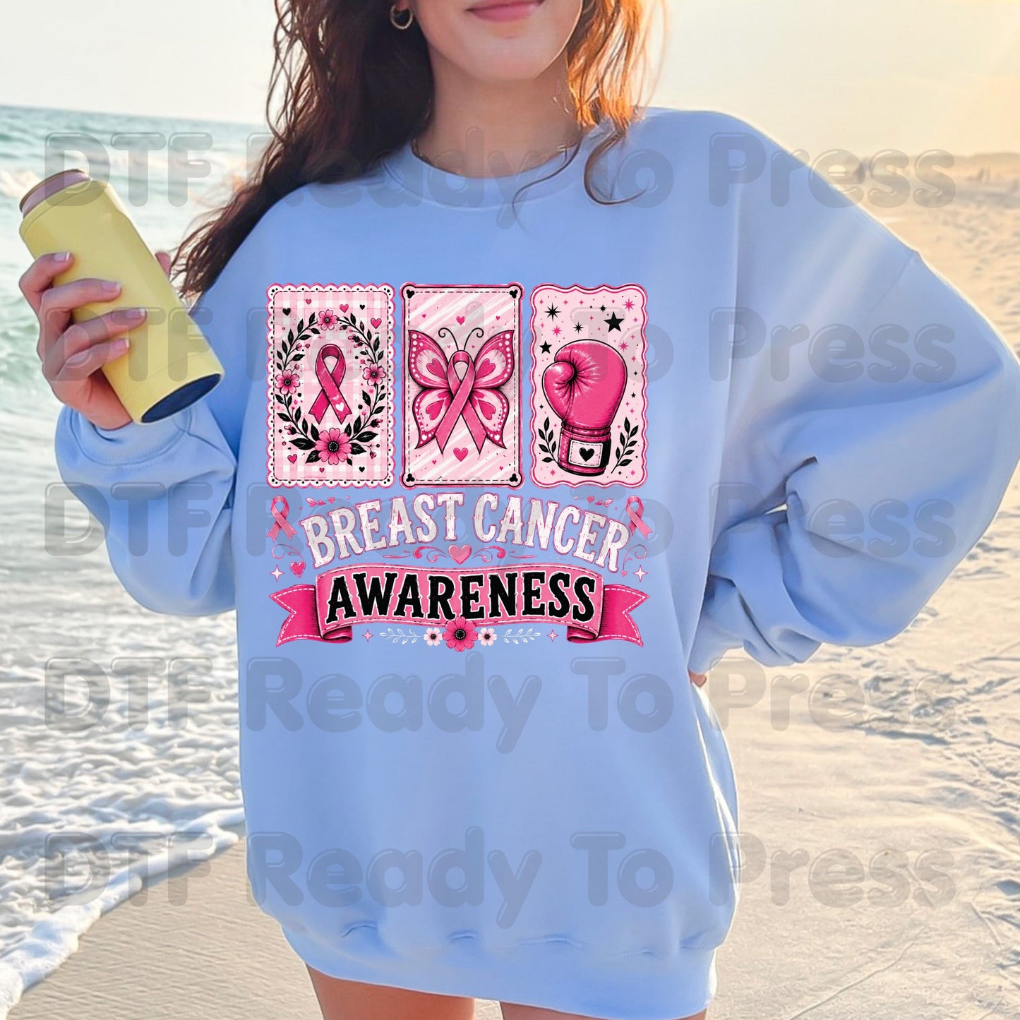Breast Cancer DTF Transfer Ready to Press Pink Cards Ribbon Butterfly Boxing Glove Heat Transfer Tee Print Direct to Film
