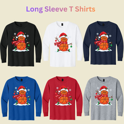 Christmas Basketball Snowman T-Shirt, Santa Hat and Scarf Holiday Sports Graphic Tee