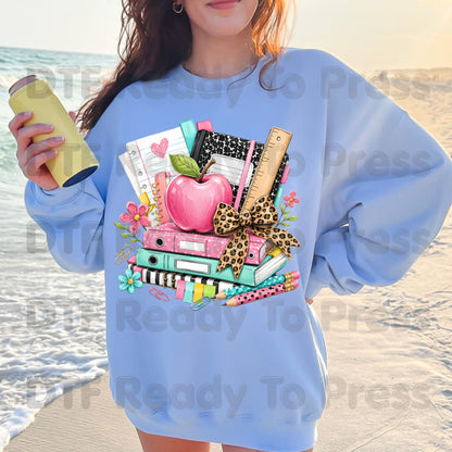 Pink Apple School Supplies DTF Transfers, Books Leopard Bow Back to School Teacher Student Ready to Press
