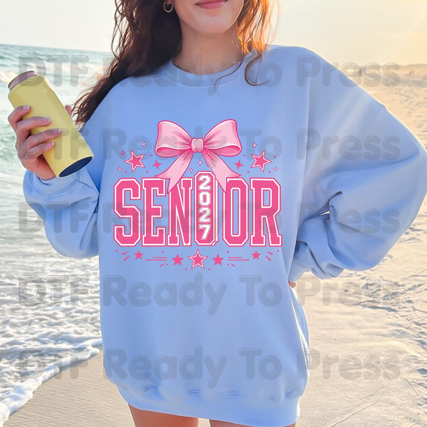 Senior 2027 DTF Transfer Ready to Press Graduation Heat Transfer for Shirts Pink Coquette Bow Varsity Letters Stars Graphic Tee