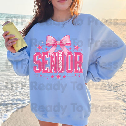 Senior 2027 DTF Transfer Ready to Press Graduation Heat Transfer for Shirts Pink Coquette Bow Varsity Letters Stars Graphic Tee