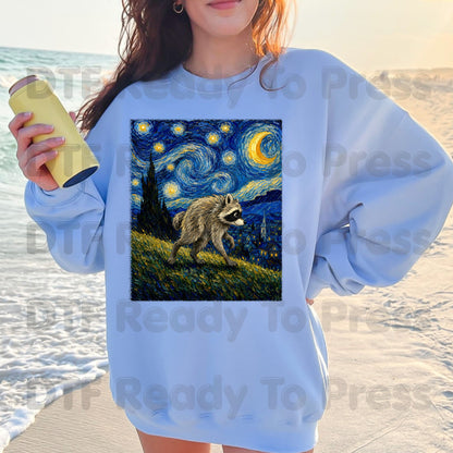 Starry Night Raccoon DTF Transfers, Oil Painting Van Gogh Style Funny Wildlife Art Ready to Press