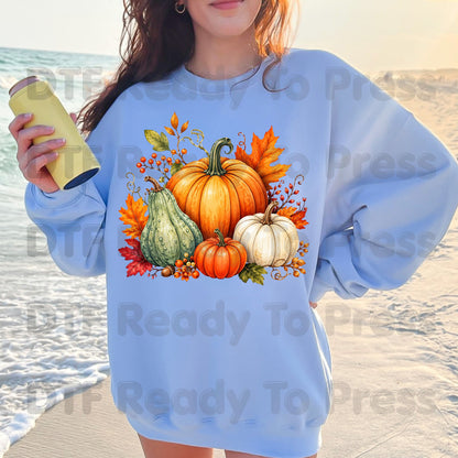 Fall Pumpkin DTF Transfer, Watercolor Harvest Gourd and Leaves Ready to Press