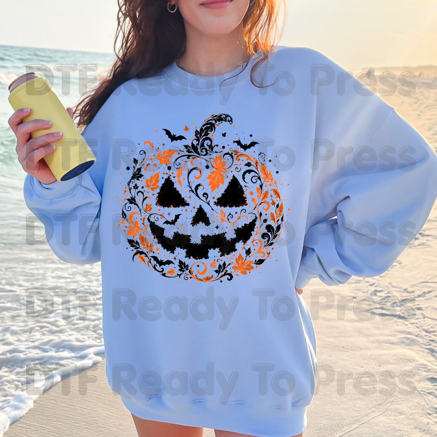 Halloween Pumpkin Face DTF Transfers, Intricate Floral Swirl Gothic Spooky Ready to Press