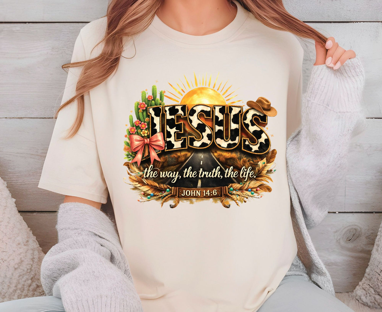 Jesus John 14:6 T Shirt Western Cow Print Tee Christian Way Truth Life Shirt Religious Gift Adult Youth Toddler Baby Boho Cowboy Apparel