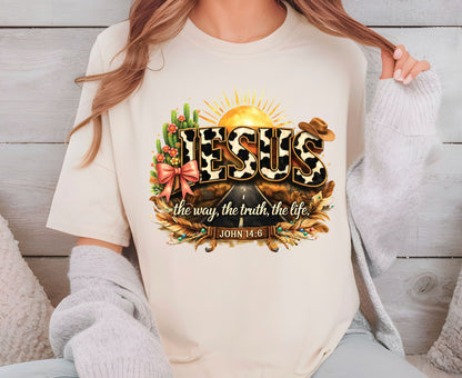 Jesus John 14:6 T Shirt Western Cow Print Tee Christian Way Truth Life Shirt Religious Gift Adult Youth Toddler Baby Boho Cowboy Apparel