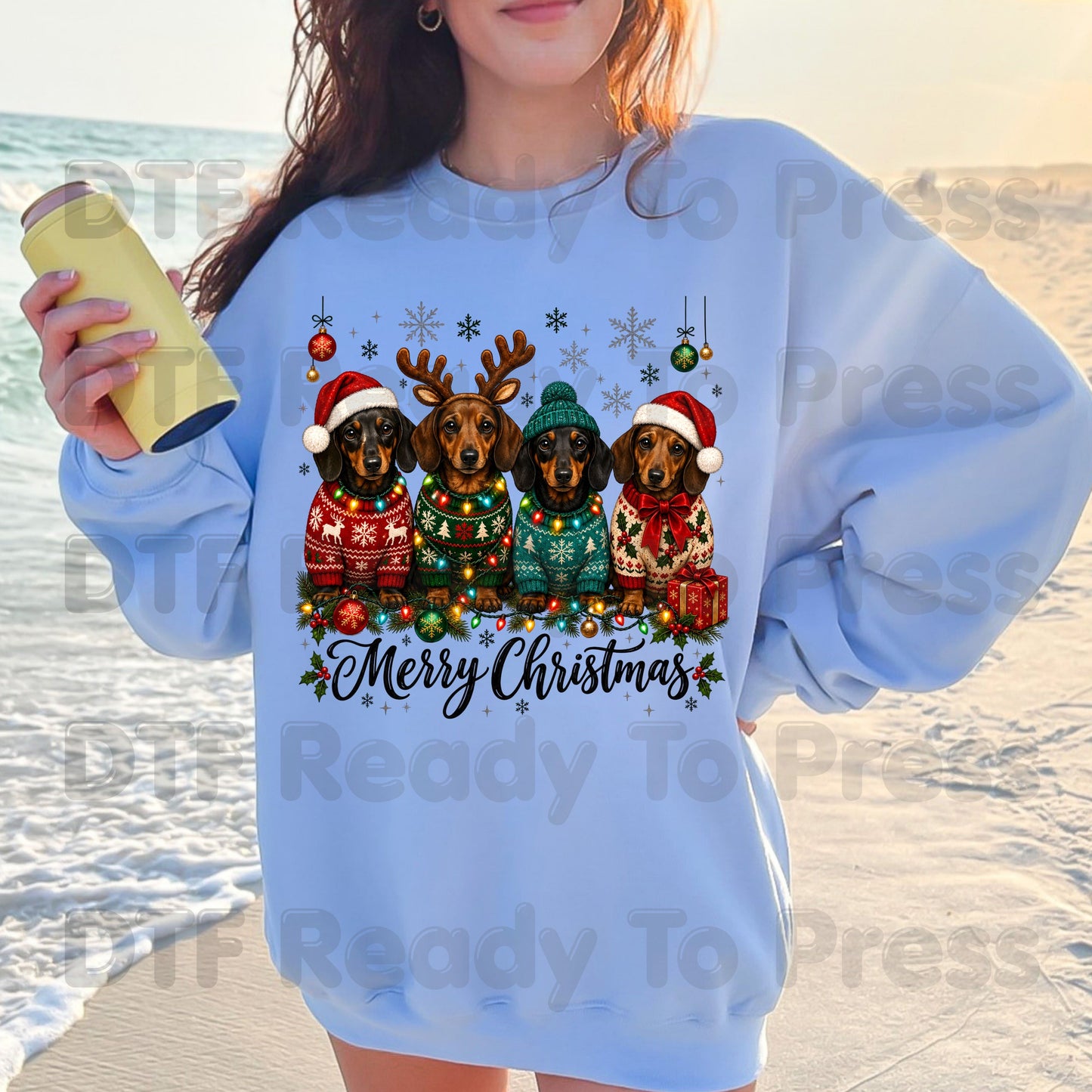 Christmas Dachshund DTF Transfers, Merry Christmas Dogs Santa Hat Holiday Pet Lover Ready to Press
