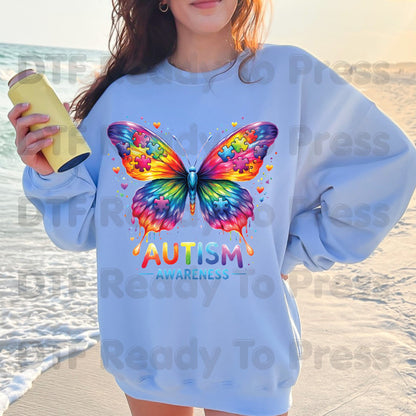 Autism Awareness DTF Transfer Ready to Press Rainbow Butterfly Puzzle Pieces Heat Transfer Tee Print Direct to Film Transfer