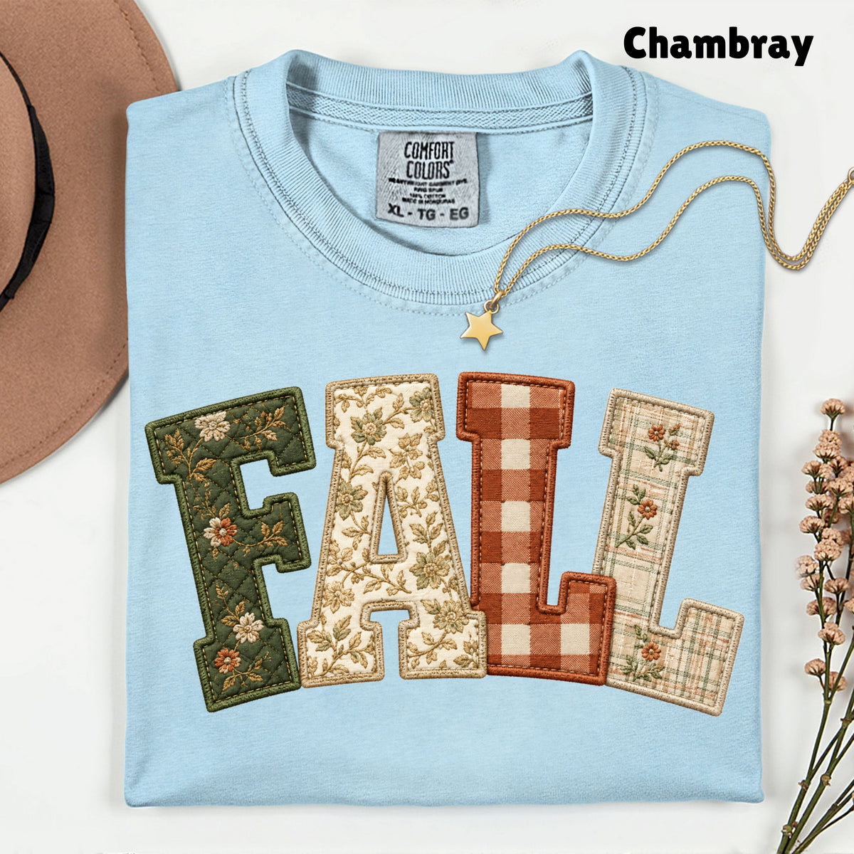 Fall Patchwork Chenille Letters T-Shirt, Quilted Plaid Autumn Thanksgiving Comfort Color Tee