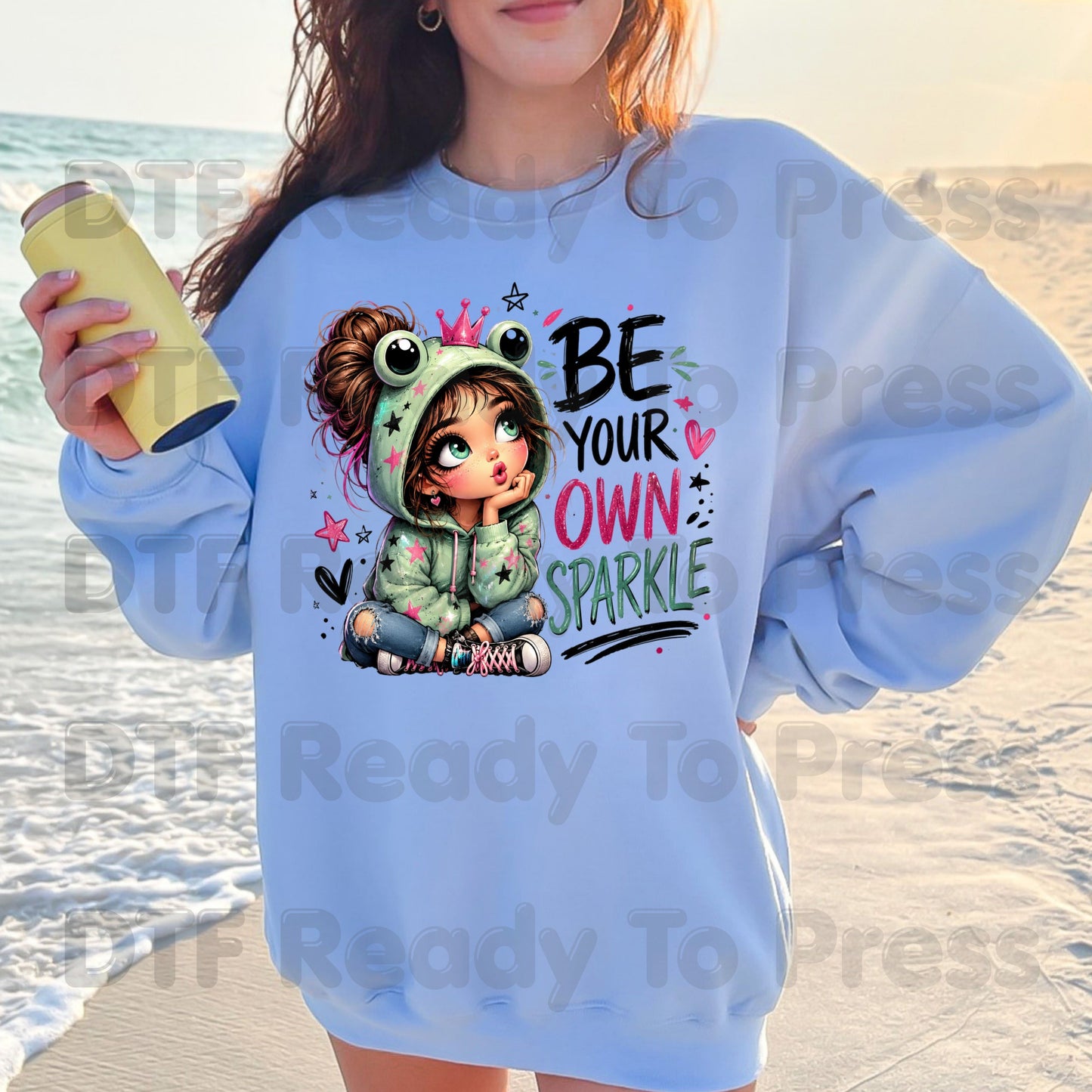Be Your Own Sparkle Frog Girl DTF Transfers, Cute Crown Stars Kids Ready to Press
