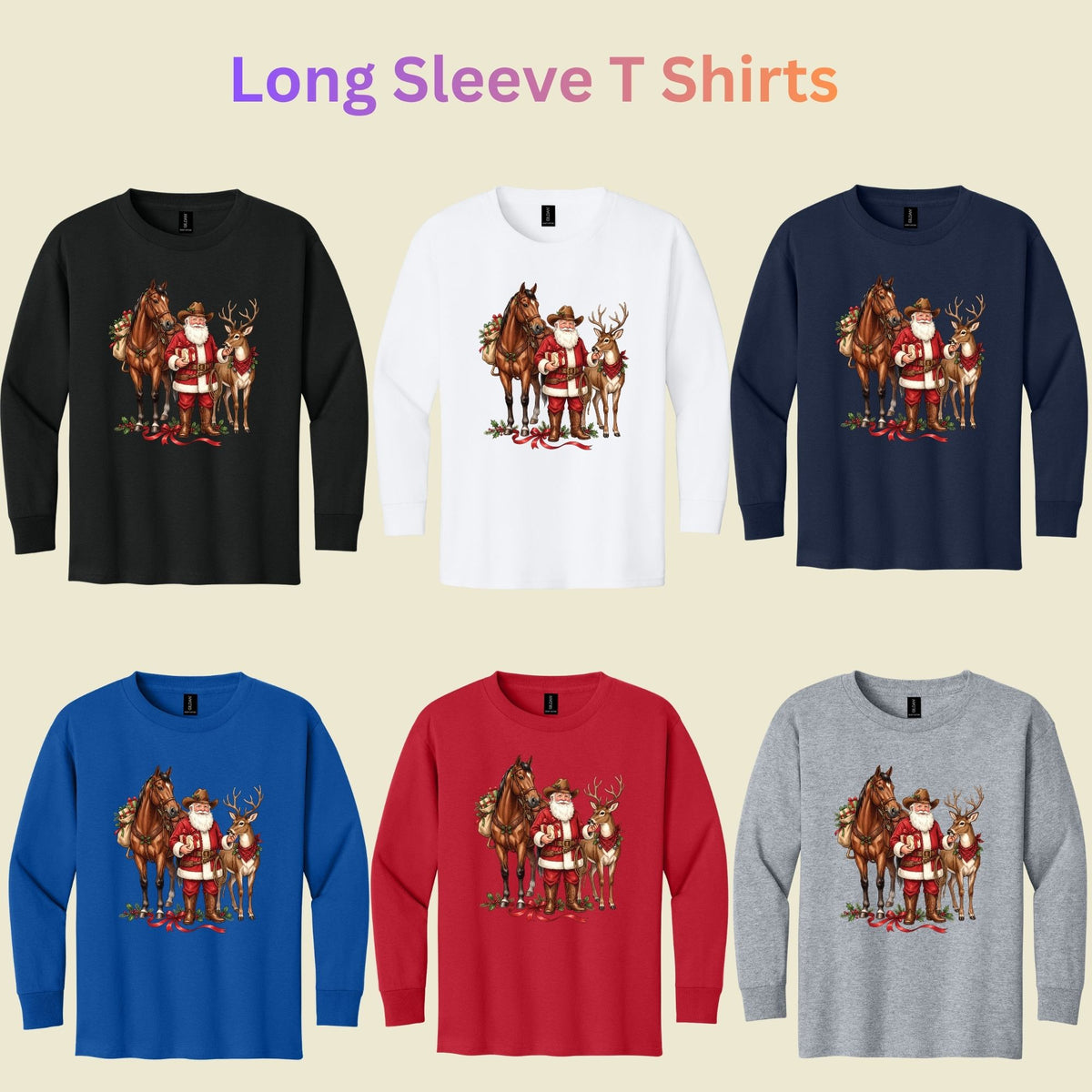 Cowboy Santa Christmas T-Shirt, Western Santa with Horse and Reindeer Graphic Tee, Country Holiday Shirt