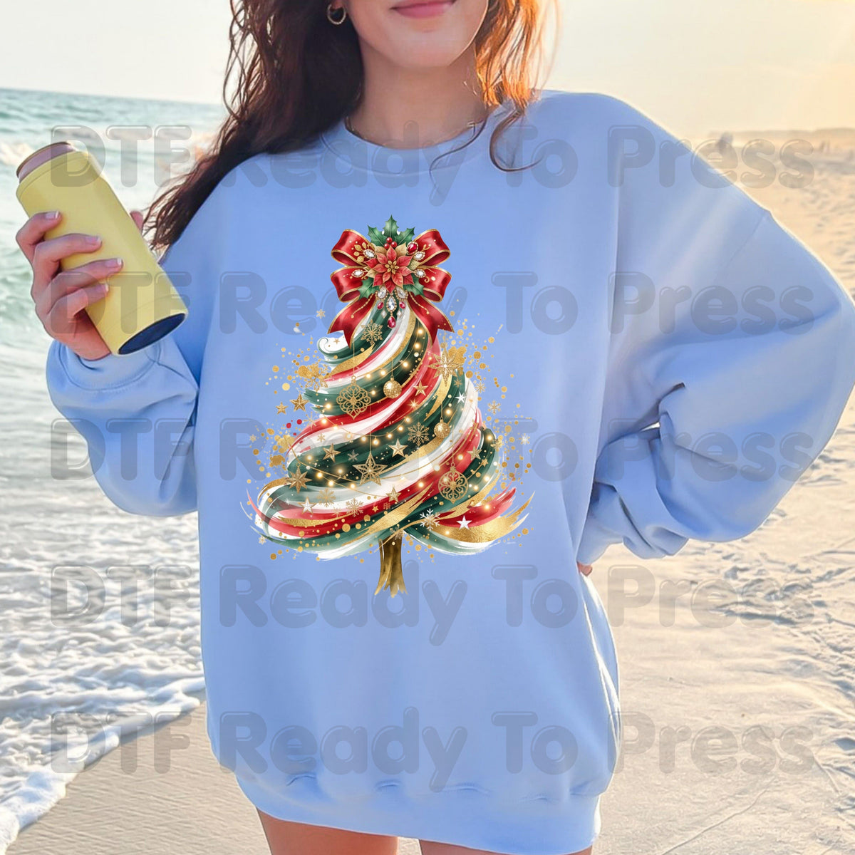 Christmas Tree DTF Transfers, Elegant Ribbon Bow Gold Glitter Holiday Ready to Press