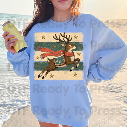 Vintage Christmas Reindeer DTF Transfers, Flying Reindeer Scarf Retro Winter Ready to Press