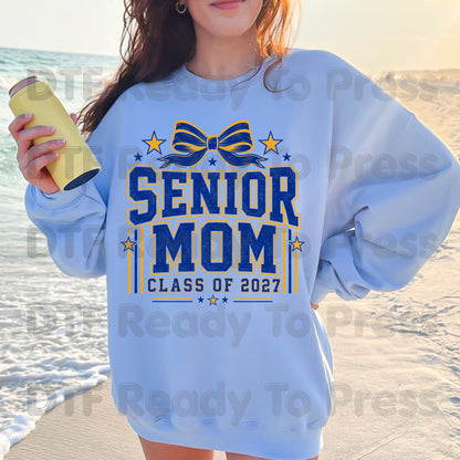 Senior Mom 2027 DTF Transfers, Royal Blue Yellow Cheer Bow Varsity Graduation Mother Ready to Press