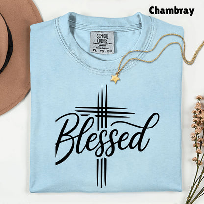 Blessed Cross Christian T-Shirt, Script Cursive Faith Minimalist Religious Tee Sweatshirt