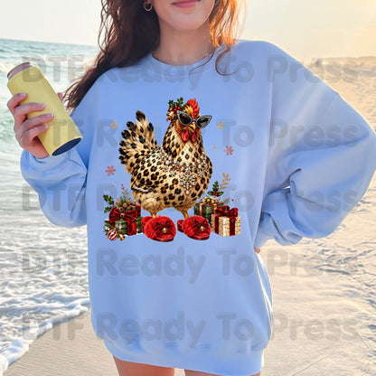 Funny Chicken DTF Transfers, Leopard Print Sunglasses Red Slippers Christmas Holiday Ready to Press