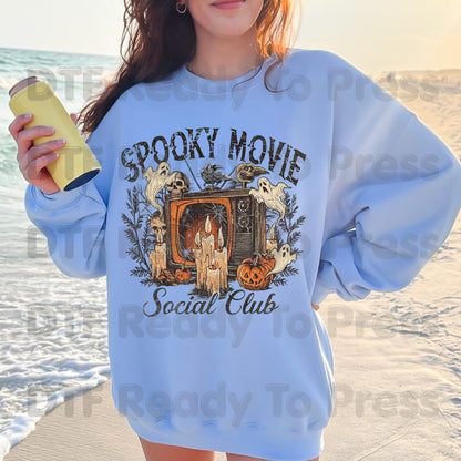 Spooky Movie Social Club DTF Transfers, Vintage Horror TV Ghosts Pumpkin Candles Halloween Ready to Press