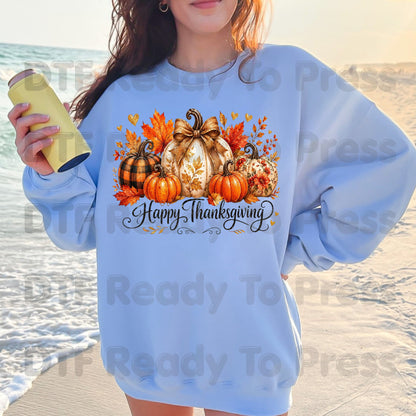 Happy Thanksgiving Pumpkins DTF Transfers, Autumn Leaves Buffalo Plaid Fall Ready to Press