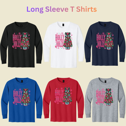 Pink Christmas Tree T-Shirt, Holly Jolly Bow and Snowflake Graphic Tee, Cute Holiday Shirt
