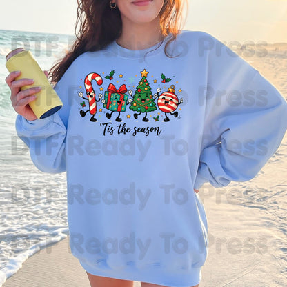 Christmas DTF Transfer, Tis the Season Cute Characters, Candy Cane and Gift Ornaments