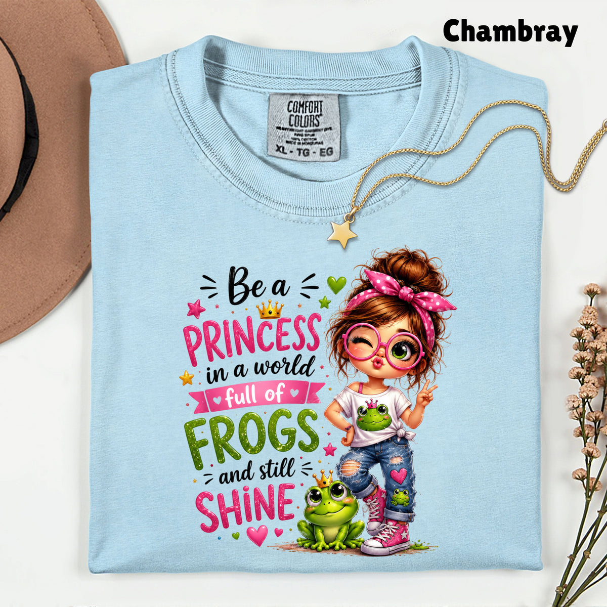 Be a Princess Frog Girl T-Shirt, Cute Messy Bun Pink Green Quote Tee