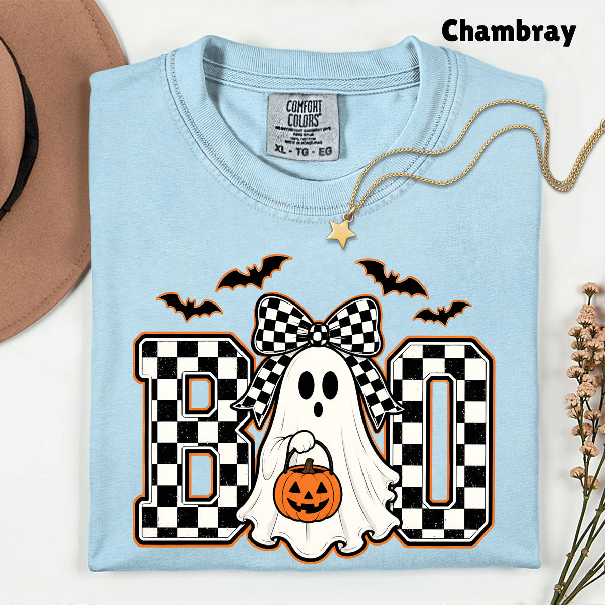 Boo Checkered Bow Ghost Halloween T-Shirt, Pumpkin Bucket Bats Retro Tee Sweatshirt
