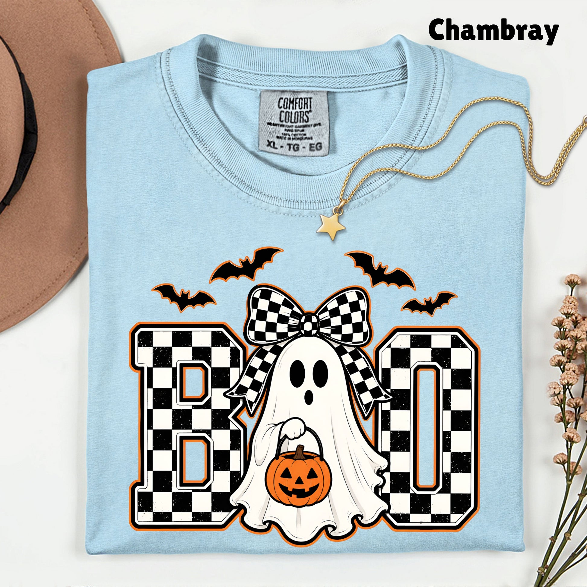 Boo Checkered Bow Ghost Halloween T-Shirt, Pumpkin Bucket Bats Retro Tee Sweatshirt