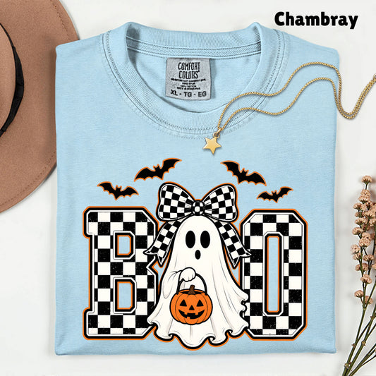 Boo Checkered Bow Ghost Halloween T-Shirt, Pumpkin Bucket Bats Retro Tee Sweatshirt