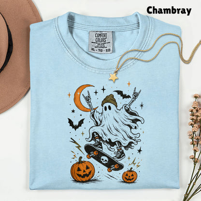 Halloween Skater Ghost Rock On T-Shirt, Skateboarding Skeleton Crescent Moon Pumpkins Bats Tee