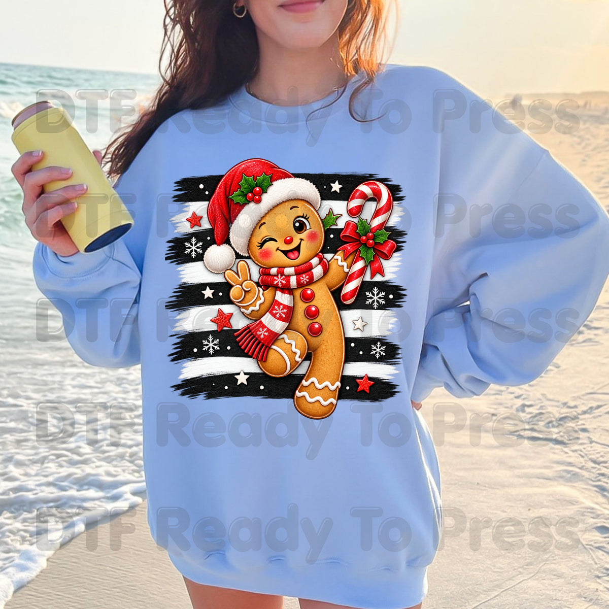 Gingerbread Man DTF Transfers, Candy Cane Santa Hat Black White Stripes Cute Christmas Ready to Press