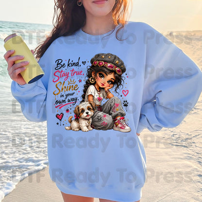 Inspirational Be Kind Stay True DTF Transfers, Cute Puppy Crown Heart Girl Women Kids Ready to Press