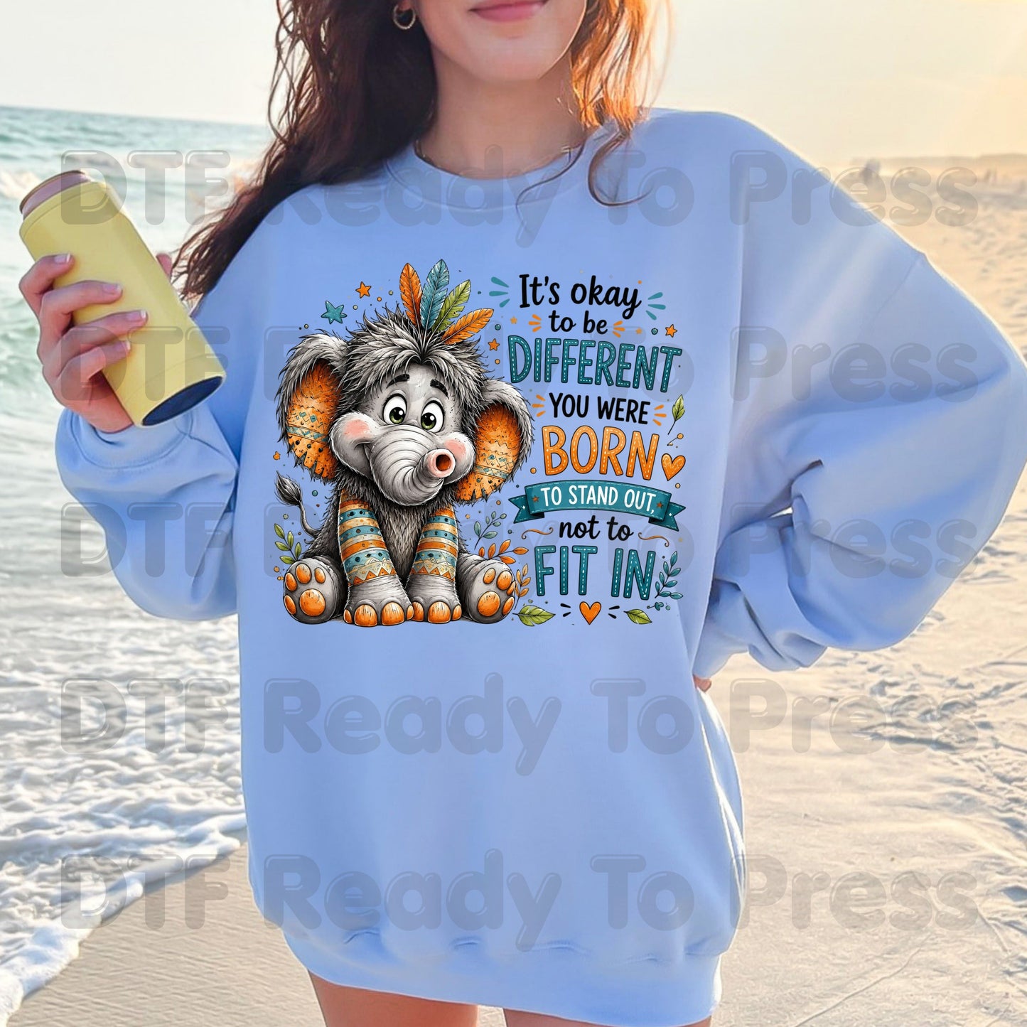 It's Okay to Be Different DTF Transfers, Cute Elephant Feathers Stand Out Quote Ready to Press
