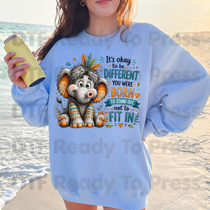 It's Okay to Be Different DTF Transfers, Cute Elephant Feathers Stand Out Quote Ready to Press