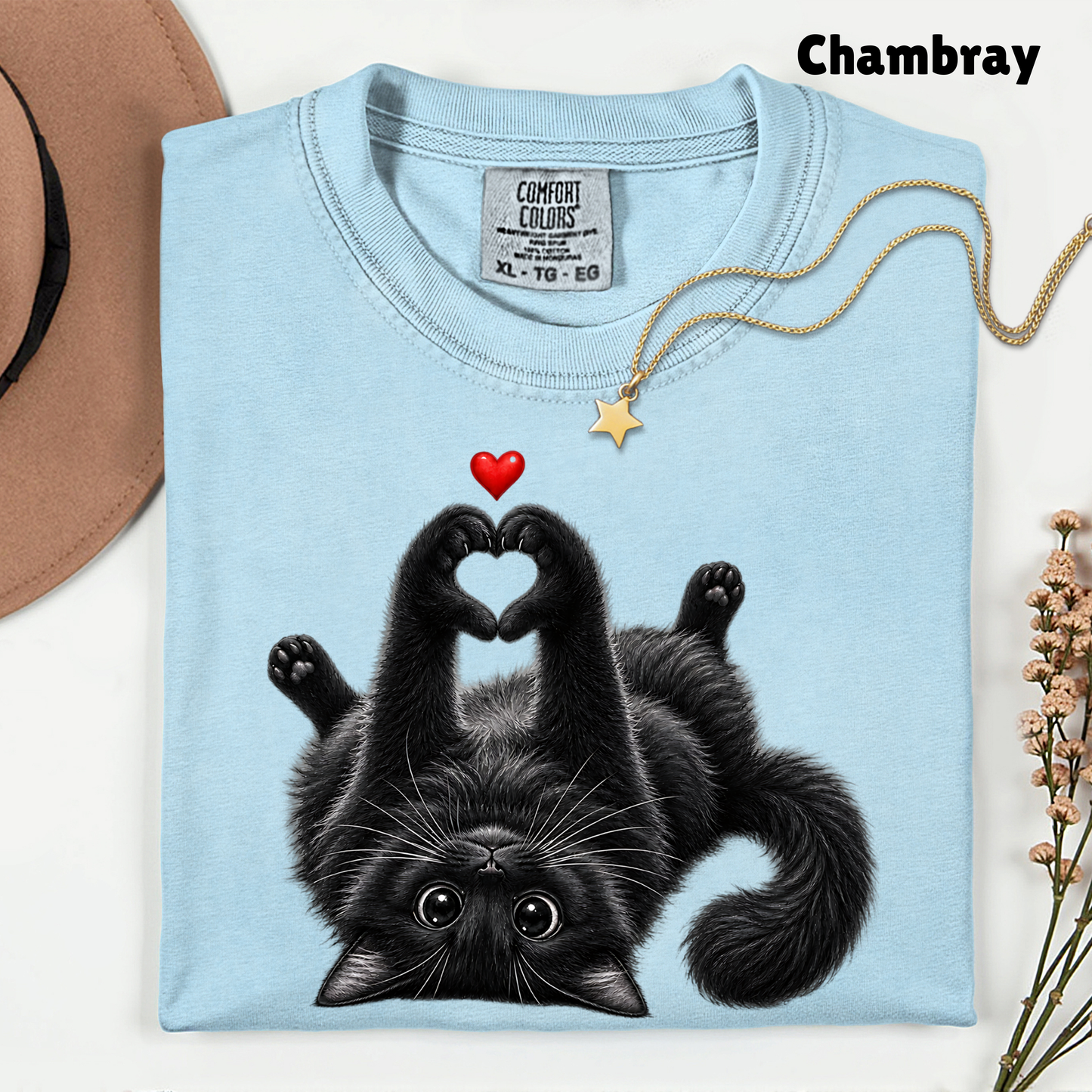 Black Cat Heart Hands T-Shirt, Cute Kitty Kitten Lover Heart Paws Love Tee