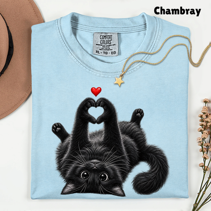 Black Cat Heart Hands T-Shirt, Cute Kitty Kitten Lover Heart Paws Love Tee