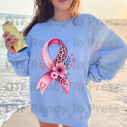 Leopard Floral Pink Ribbon Breast Cancer Awareness DTF Transfer Ready to Press Heat Transfer Tee
