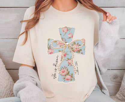 He Is Risen T Shirt Floral Cross Tee Matthew 28:6 Faith Shirt Adult Youth Toddler Baby Religious Gift Shabby Chic Aesthetic Christian Shirt