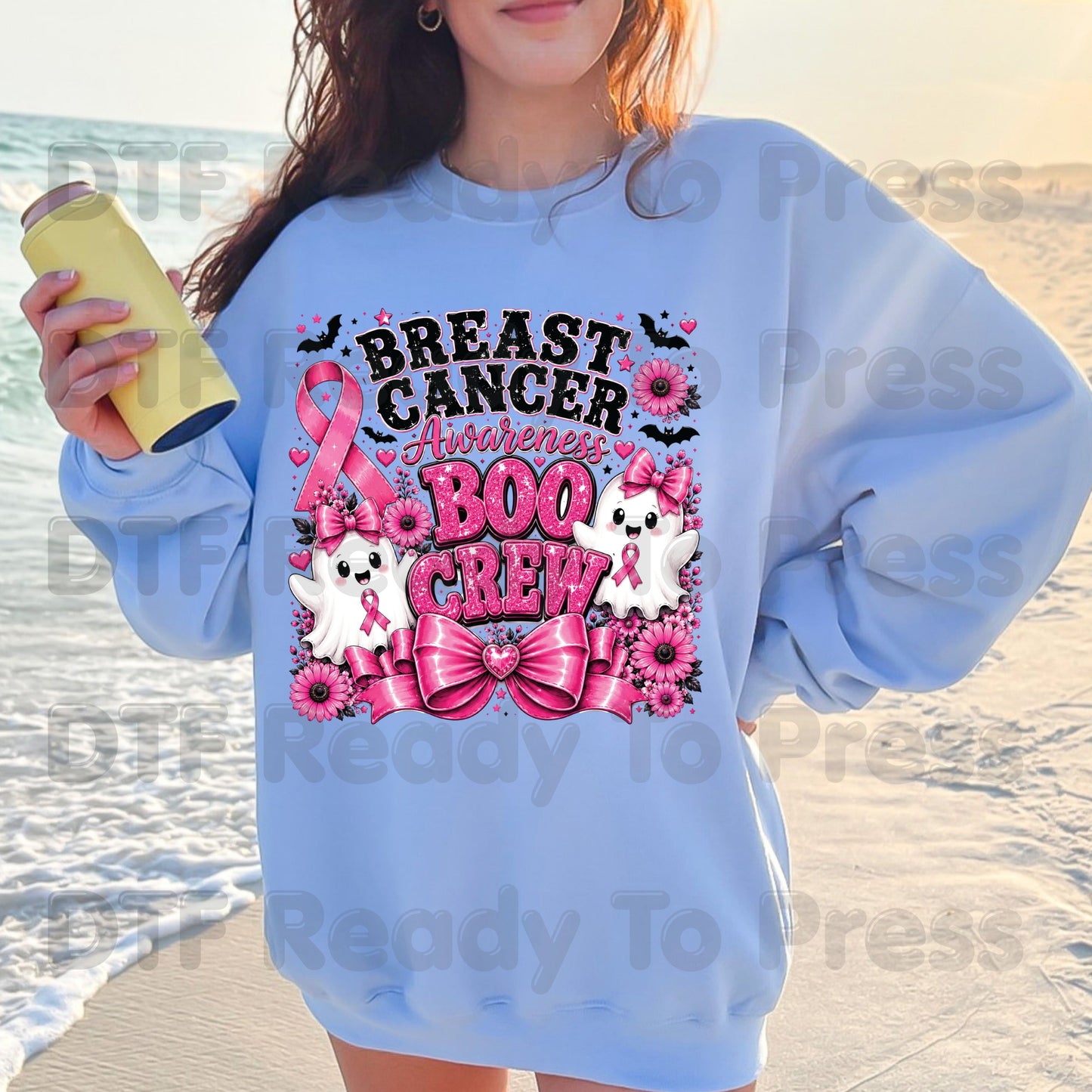 Breast Cancer Awareness Boo Crew DTF Transfer Ready to Press Heat Transfer Spooky Pink Ghost Bow Tee